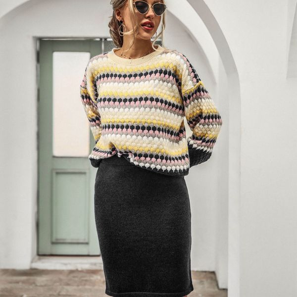 

winter two piece set womens lantern sleeve striped knitted pullovers+midi skirts sweater suits for ladies autumn knit outfits q1219, Black;white
