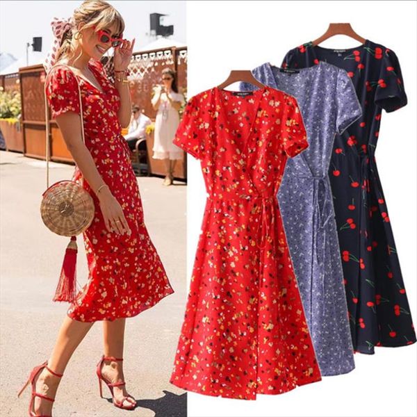 

floral print a line dress summer v neck wrap bow tie split dress casual dresses drop shipping, Black;gray
