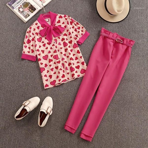 

new fashion work wear 2 pieces sets sweet love print bow lace-up chiffon shirts and elegant belt rose red pencil pants suits1, White