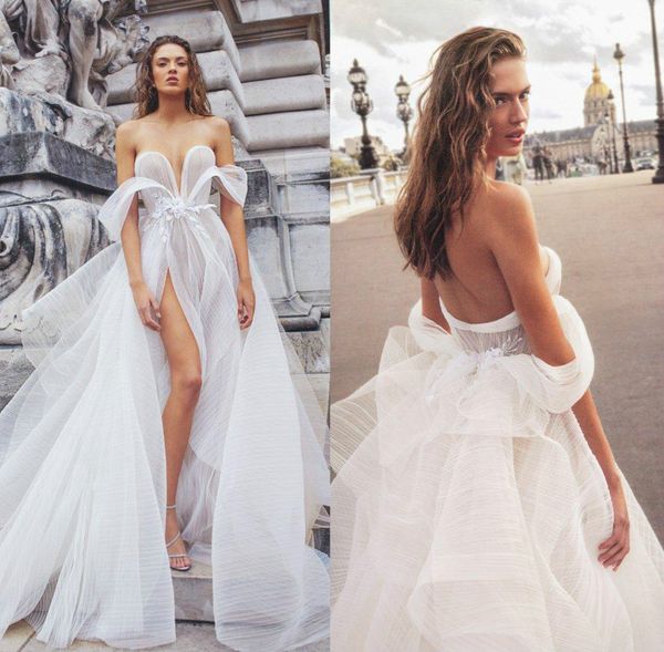 Elihav Sasson altos dividir um vestidos de casamento da Linha apliques de cristal pérolas perla vestidos de casamento Strapless Sweep Trem vestidos de noiva baratos