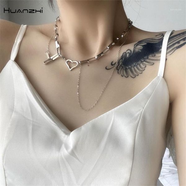 

huanzhi 2020 new trendy hip hop multi-layer cutout heart love metal chain necklace for women girls party jewelry gifts1, Silver