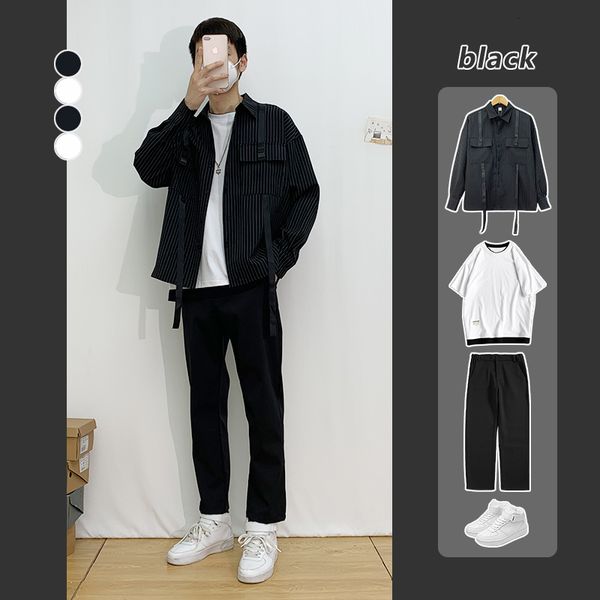 

striped ribbon long sleeve loose fashion label student spring and autumn thin coat men's work wear plaid shirt