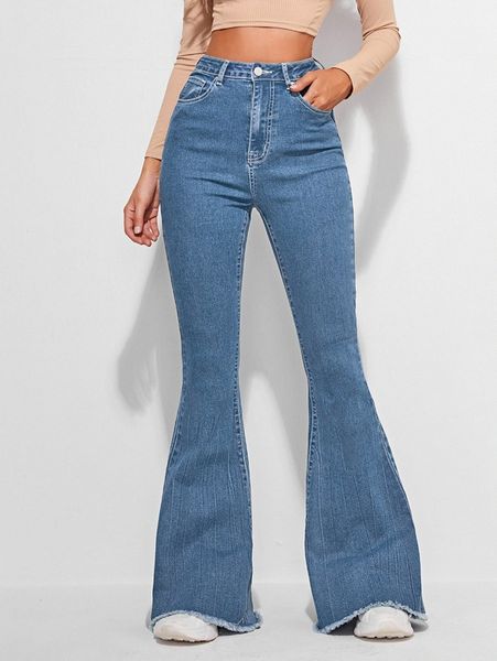 

high waist slant pocket raw hem flare leg jeans s5t3#, Blue