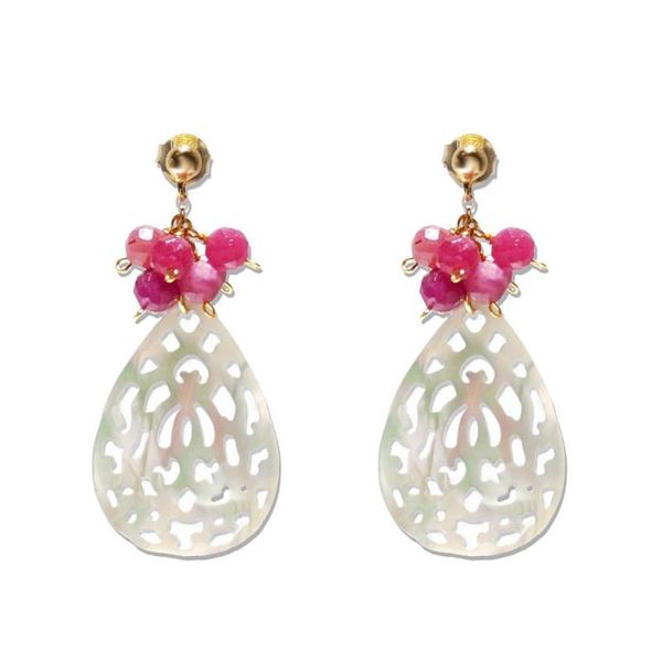 

lii ji genuine natural ruby carved shell stud earrings 925 sterling silver 18k gold plated handmade jewelry vintage earrings, Golden;silver