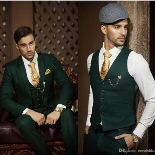 Custom Made Koyu Yeşil Erkekler Için Takım Elbise 3-Piece (Ceket + Pantolon + Yelek + Kravat) Rahat Düğün Damat Ceket Smokin Düğün 201106 için Fit Erkekler