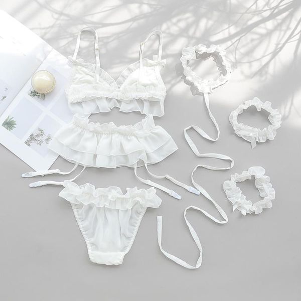 

bras sets japanese lingerie transparent mesh lace ruffles push up open bra crotchless panties garter women underwear set, Red;black