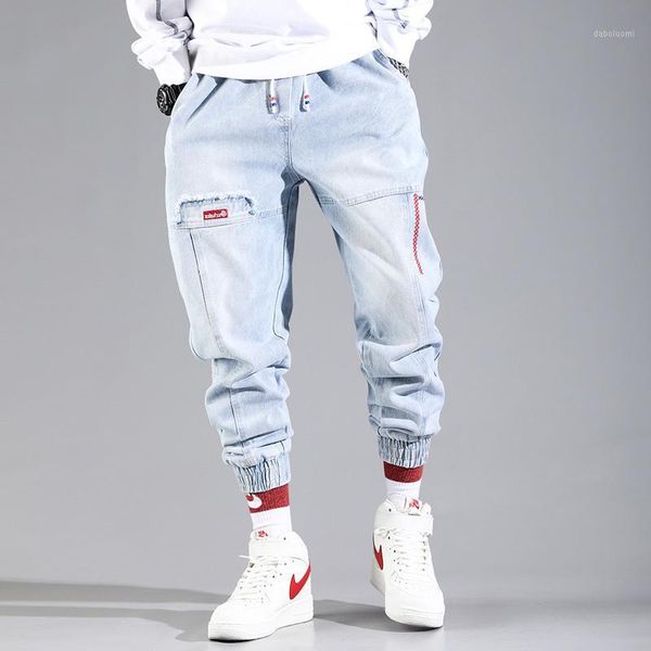 

hip hop streetwear harem jeans pants men loose joggers denim casual sweatpants korea ankle length trousers1, Blue