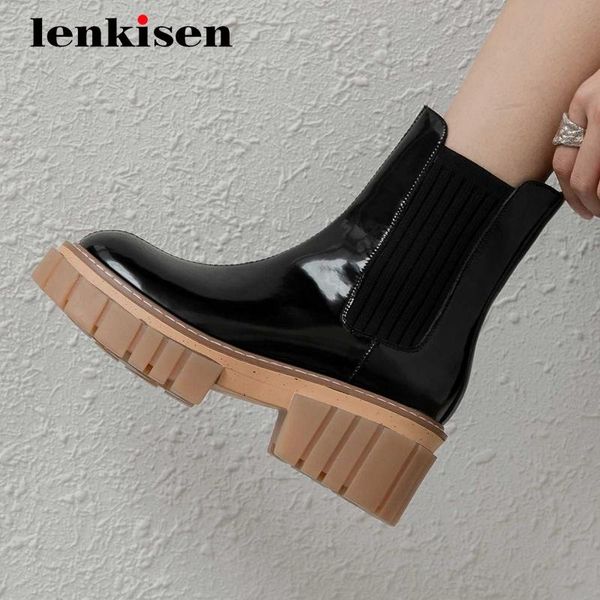 

boots lenkisen motorcycle real cow leather knitting platform round toe thick high heel slip on handsome preppy ankle l45, Black