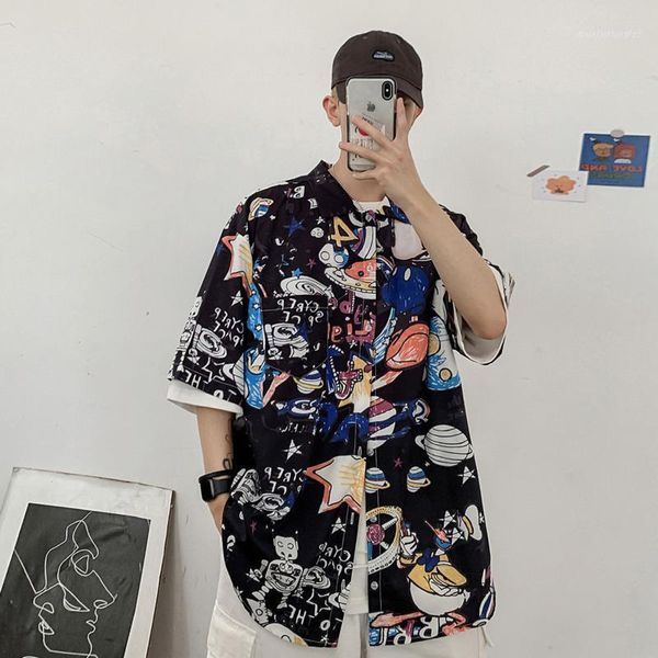 

men's casual shirts men's short-sleeved shirt 2021 spring and summer fashion graffiti printed half-sleeved youth trend men's1, White;black