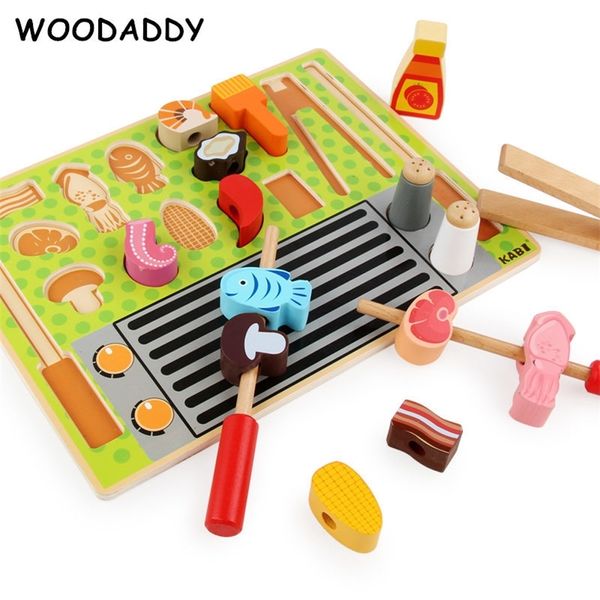 Dropshipping Simulazione Barbecue Taglio Set Giocattoli di legno per bambini Supermercato Registratore di cassa Frutta / Dessert Giocattoli da cucina Educativi LJ201009