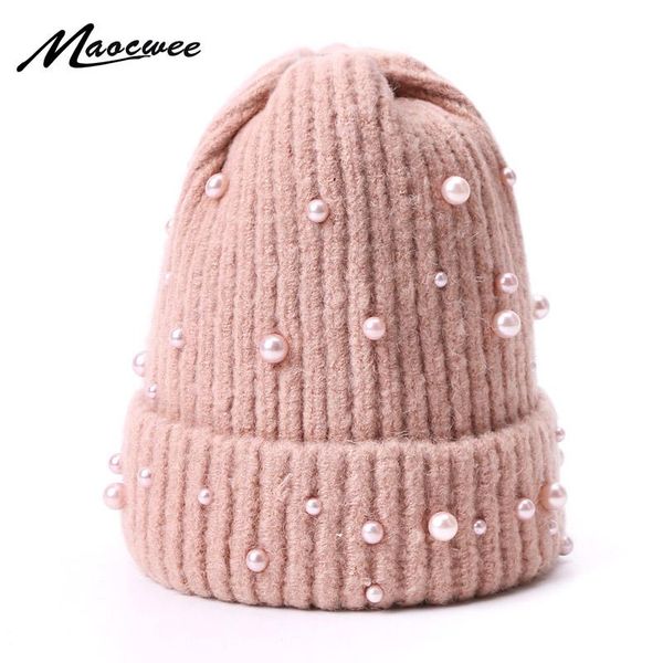 

beanies winter hats for girls women knitted thick warm beanie pearl solid color cap female headgear outdoor soft skullies