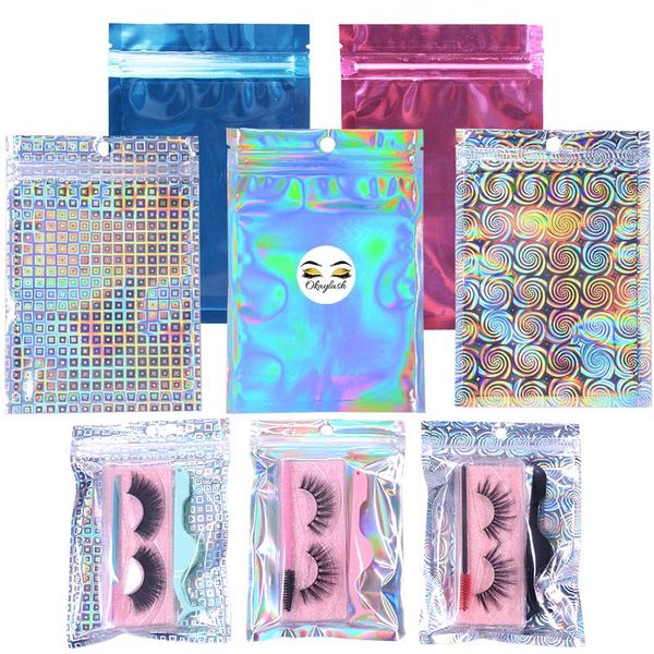 

false eyelashes oem custom logo 100/50pcs wholesale pink gold blue holigraphic 3d fake eyelash packaging bag jewelry gift lashes baggies box