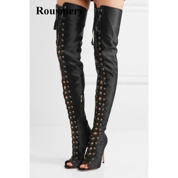 

new fashion women open toe satin lace-up over knee gladiator boots shinning ribbon thigh high heel long boots dress shoes, Black