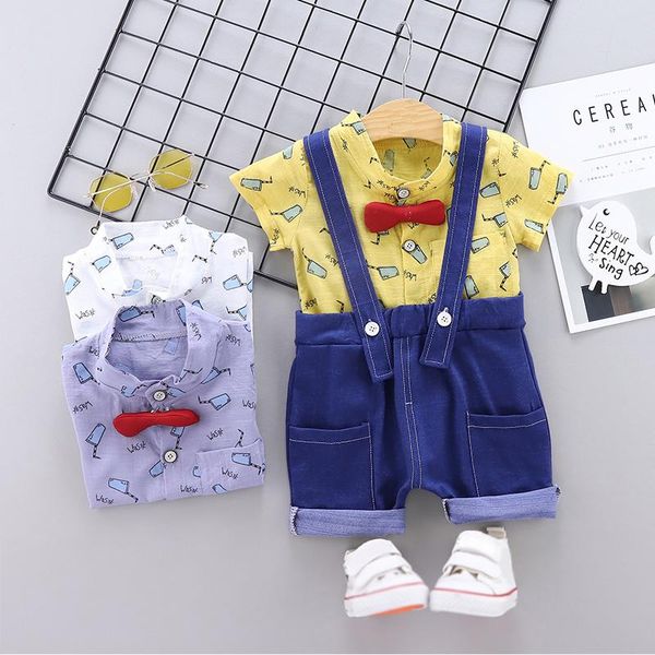 

summer baby boys casual short sleeve cartoon print t-shirt +strap shorts costume set, White