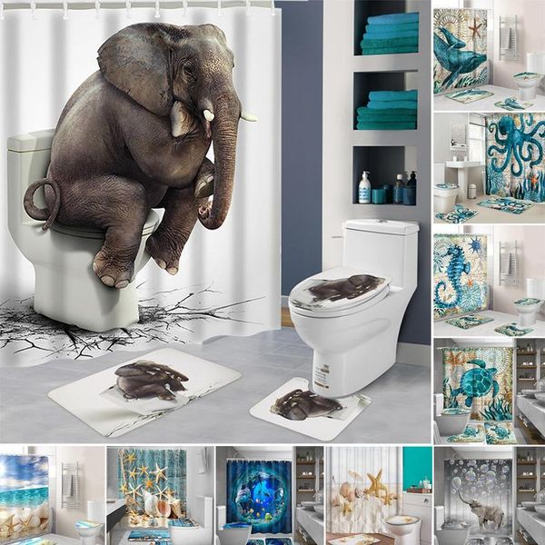 

ocean beach shell sea turtle слон душевая занавеска 3d водонепроницаемые шторы ванная комната пьедестал круг крышка туалет крышка ванна wmti