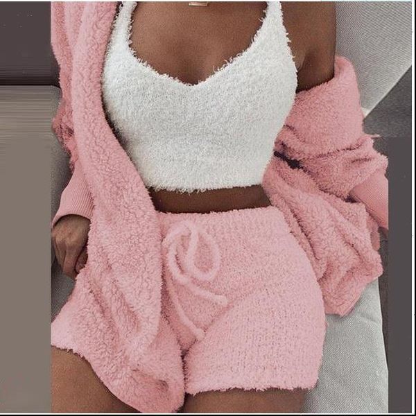 

winter home 3 piece set including tank women plush warm casual crop shorts three piece set women crop top, Gray