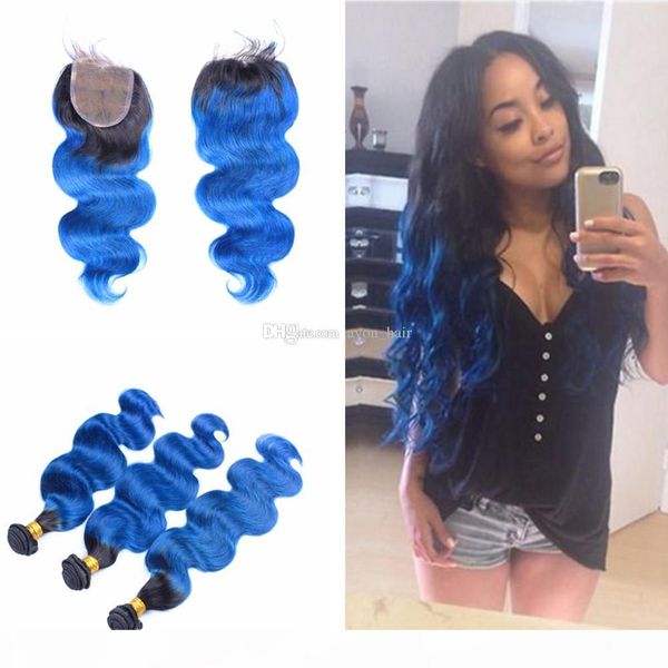 

ombre blue human hair 3 bundles with lace closure 4x4 dark roots 1b blue body wave hair weaves with closure, Black;brown