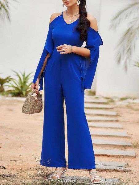 

cold shoulder petal sleeve wide leg jumpsuit c3wp#, White
