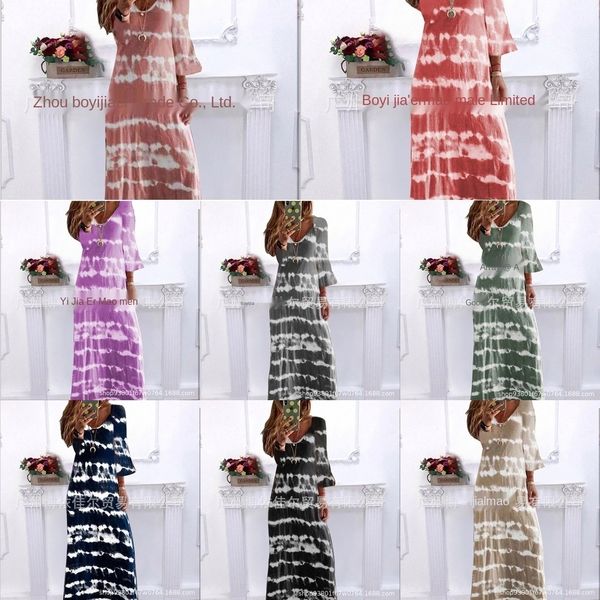 

3pvdo summer new skirt skirt's loose v-neck long dress printed summer new women skirt long skirt's loose v-neck for printed dress, Black;gray