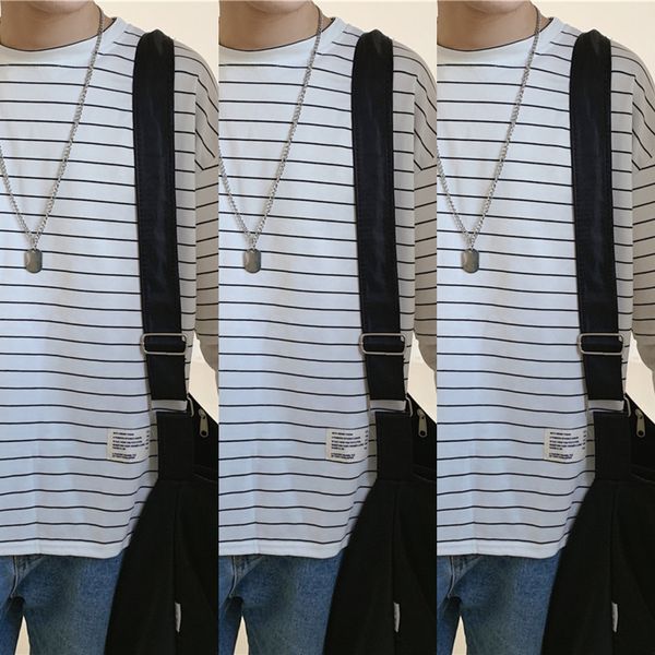 

chaopai long sweaterunderpants sweatersleeve men's loose fake two piece striped sweater trendy bottom coat chaopai long t-shirt sweater, Black