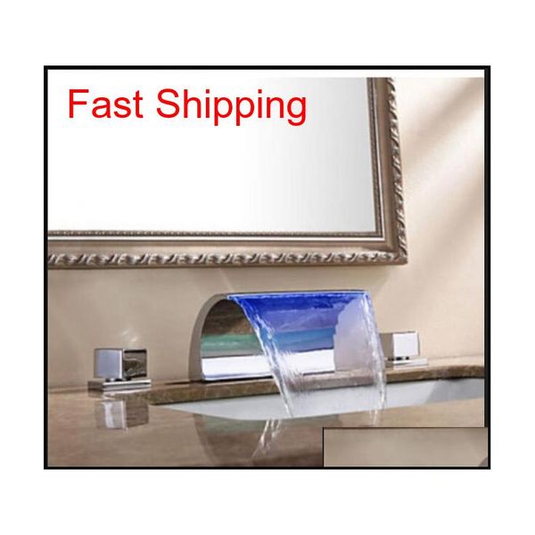 

deck mounted led color changing bathroom basin faucet dual handles mixer juffd