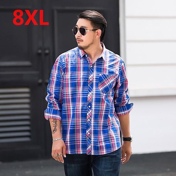 

plus large size 10xl 9xl 8xl 7xl 6xl 5xl 4xl mens business casual long sleeved shirt classic plaid male social dress shirts, White;black