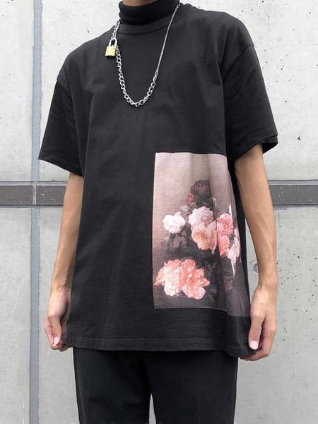 

men's t-shirts []b. n independent raf18ss oil painting rose simons printed flowers ins men's and women's loose short sleeve t, White;black