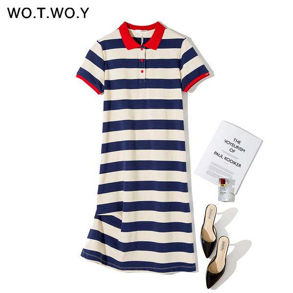 Wotwoy Summer listrado Plus Size Polo Dress Mulheres Monheira Algodão Longo T-Shirt Vestidos Mulheres Casuais de Manga Curta Vestidos de 3xl LJ200820