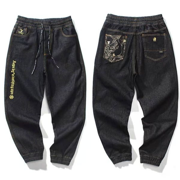 

men and women jeans simple print embroidered skull overalls pants, Black