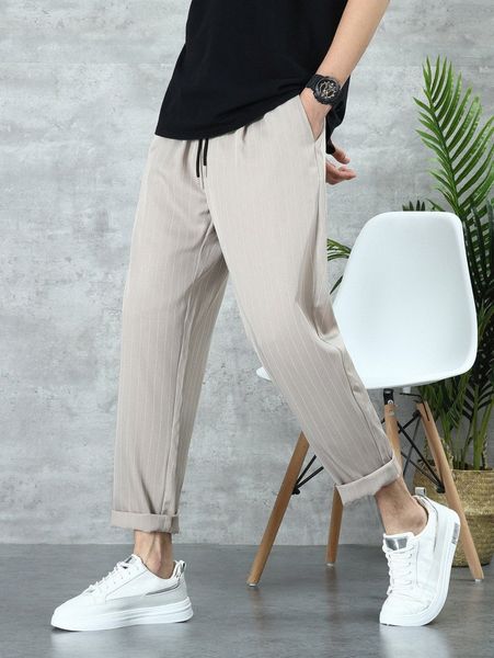 

men striped print drawstring pants t7b4#, Black