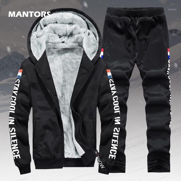 

fleece warm hoodies men winter 2 piece set hooded tracksuit thick velvet sweatshirt+pants brand mens clothing casual sports suit1, Gray