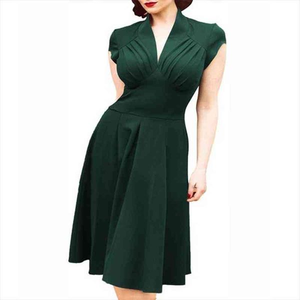

solid color women retro vintage party dress 50s 60s green black red v neck short tunic midi summer rockabilly casual, Black;gray