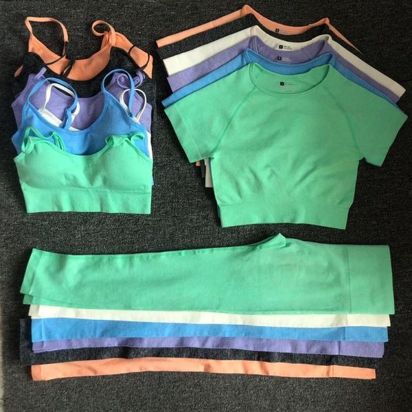 

3/pcs yoga set workout seamless women sportswear gym clothing sports suits fitness short sleeve crop high waist leggings, White;red