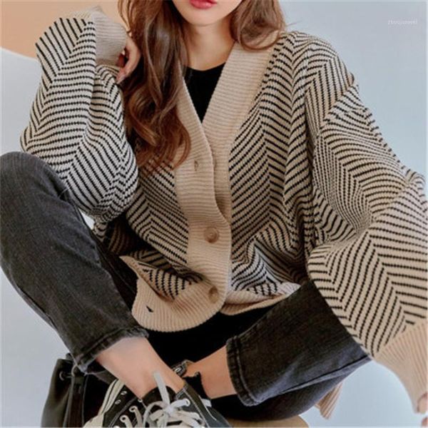

new vintage korean striped knitted cardigan women fashion single breasted batwing sleeve sweater for autumn winter loose coat1, White