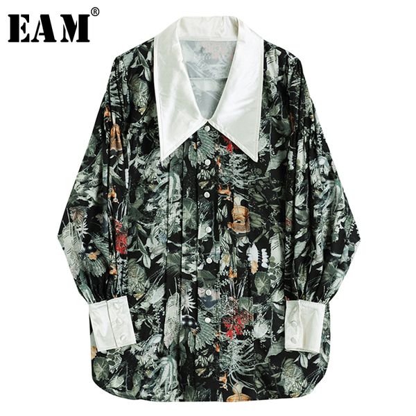 

[eam] women green pattern printed temperament blouse new lapel long sleeve loose fit shirt fashion tide spring autumn 1y911 201126, White