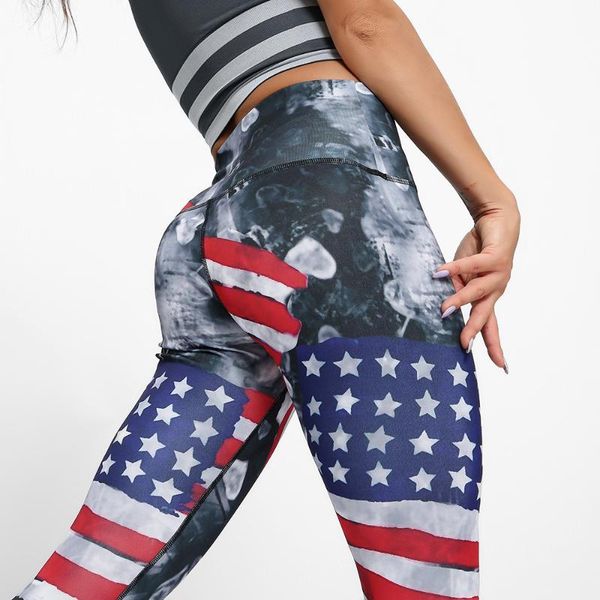 

ladies american flag printed elastic tight fitness yoga leggings high waist curve shaping breathable long yoga pants cloth, White;red