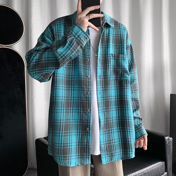 

plaid men's korean fashion ruffian handsome young students' loose with large autumn shirt and coat, White;black