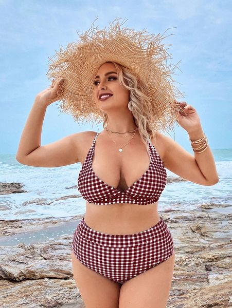 

plus gingham high waisted bikini swimsuit e7si#, Black