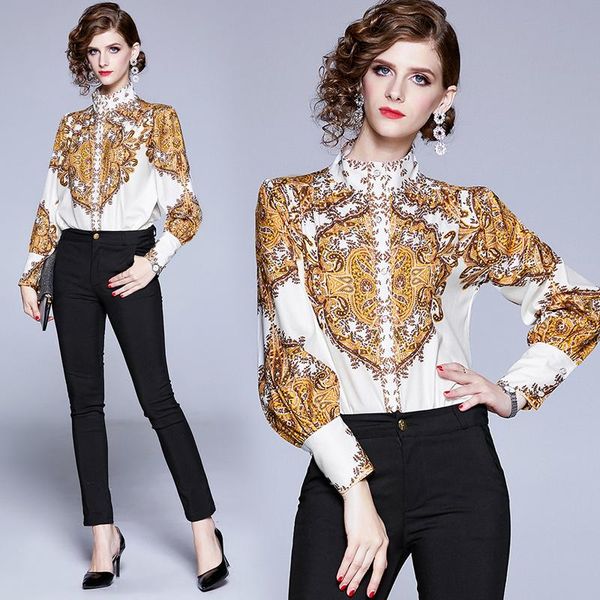 

women's blouses & shirts 2021 europe and the united states lapel flowers bow printing fashion show thin loose shirt, White