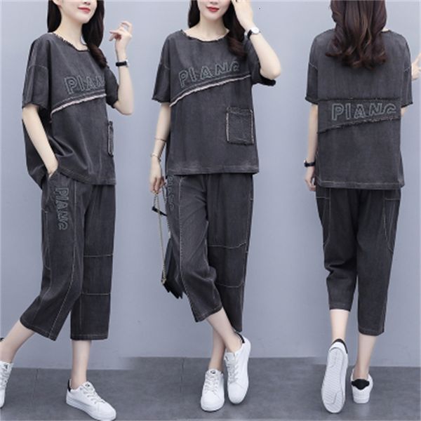 

casual jean suit for korean letter woman plus size suits sets of women put together two superior pieces and pants h7d9, White