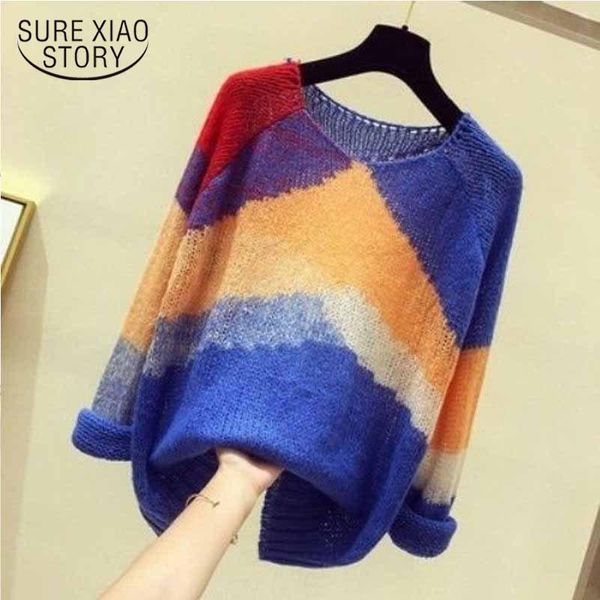 

striped color-block v-neck knitted sweater long sleeve loose thin hollow lazy autumn sweater pullover fashion clothes 12198, White;black