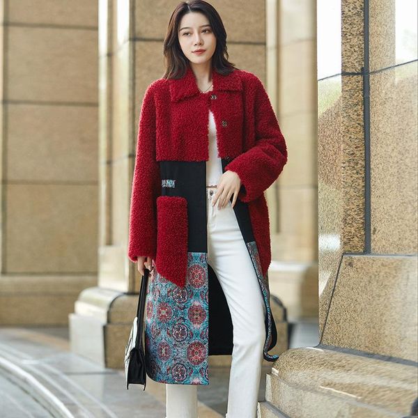 

fur coat women real clothes 2021 sheep shearing korean spliced vintage print 100% wool jacket women manteau femme 9629 yy1928, Black