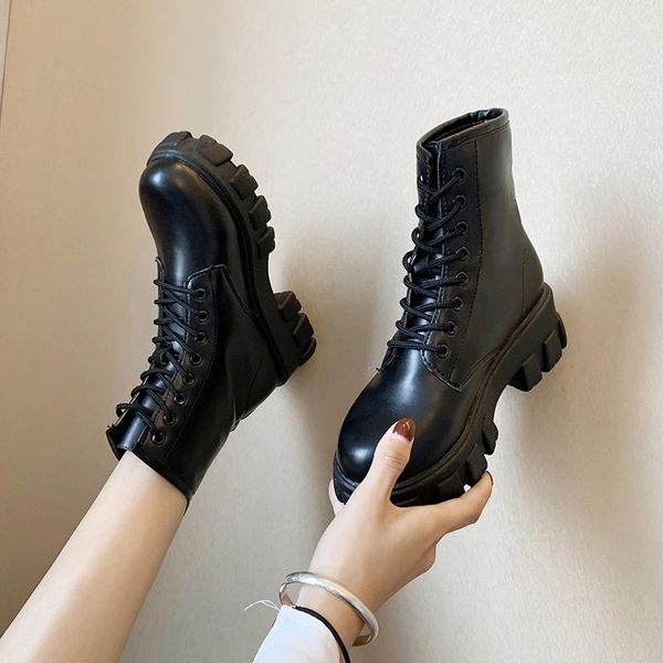 

punk style platform women ankle boots fashion ladies lace-up chunky shoes black patent leather shoes women's motorcycle boots