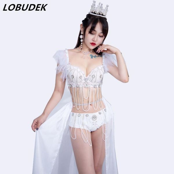 

new nightclub bar women singer dancer costume dj stage performance wear white beading rhinestones bikini tailing 3-pieces outfit1, Black;red