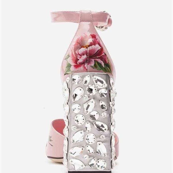 

ladies patent diamond chunky high heel peep-toes buckle strap paisley printed rose flower sandals shoes pink size 35-42, Black