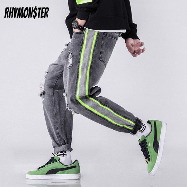 

rhymonster side striped contrast color patchwork ripped jeans 2021 hip hop streetwear denim pant mens high street harem jeans, Blue