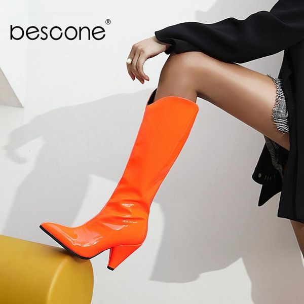 

boots bescone yellow bright leather knee-high woman pointed toe v-shape high spike heels solid long lady shoes bm716, Black