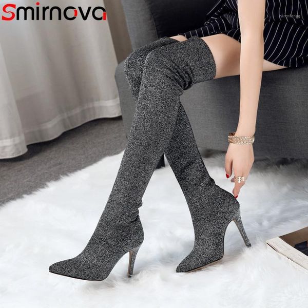 

smirnova size 34-41 fashion pointed toe thin high heels prom ladies boots knitting over the knee boots women 2020 new1, Black