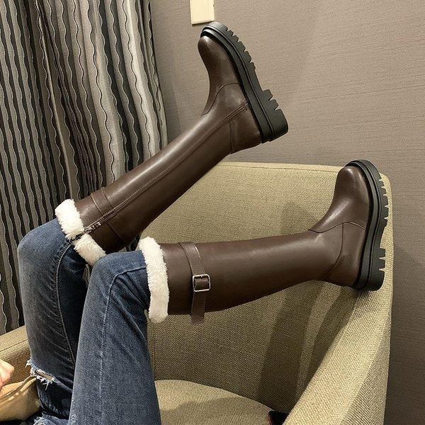 

nausk 2021 new chunky platform genuine leather knee high boots women punk increasing long botas mujer zip buckle, Black