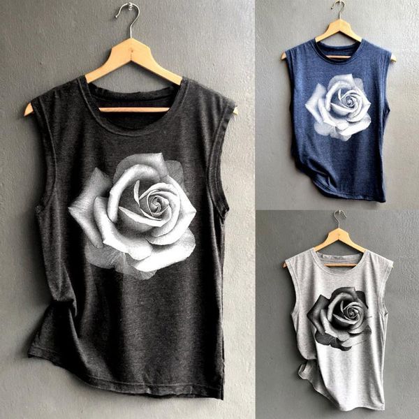 

women sleeveless rose printed sport t shirt casual loose tank soft comfortable haut femme summer chemise femme new1, White